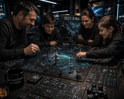 Sector Null — home game — Tactical board wargame, 2-6 players. "No territory, no mercy." The room lit by the board.