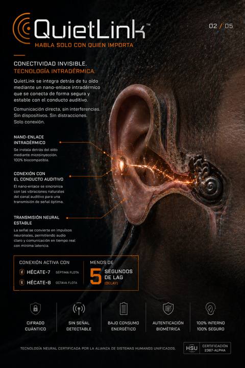 QuietLink — nano-link — Intradermal communication. "Talk only to who matters." Quantum encryption, under 5s of lag, biometric auth.