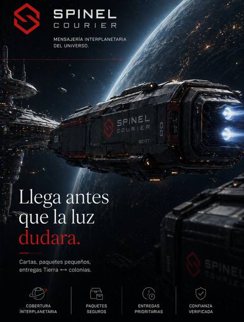 Spinel Courier — Interplanetary mail. "Arrives before light itself hesitated." Letters, small parcels, Earth ↔ colonies.
