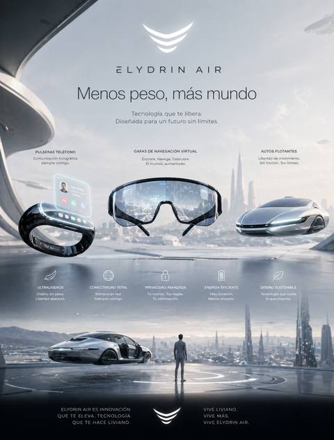 Elydrin Air — Wrist phones, navigation glasses, floating cars. "Less weight, more world." The Terran aspirational brand.