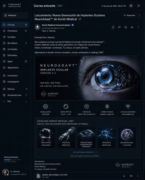 Korint Medical · NeuroAdapt — Ocular implant v4.2. 20K HDR resolution, direct neural integration. "See more. See everything. No limits, no apologies."