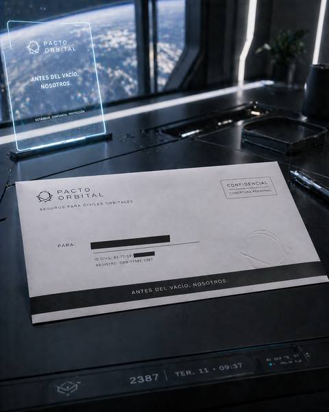 Orbital Pact — Insurance for orbital civilians. "Before the void, us." Confidential personal coverage letter — record CRB-77381-2387.