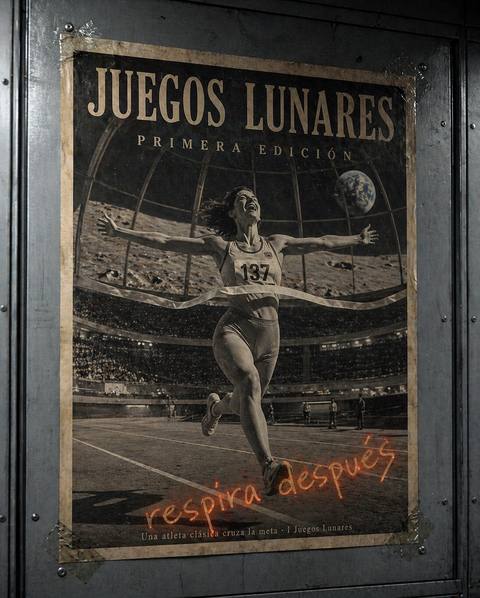 Lunar Games · First Edition — Official poster of the I Lunar Games. "Breathe afterwards." A classical athlete crosses the finish line under the Mare Crisium dome.