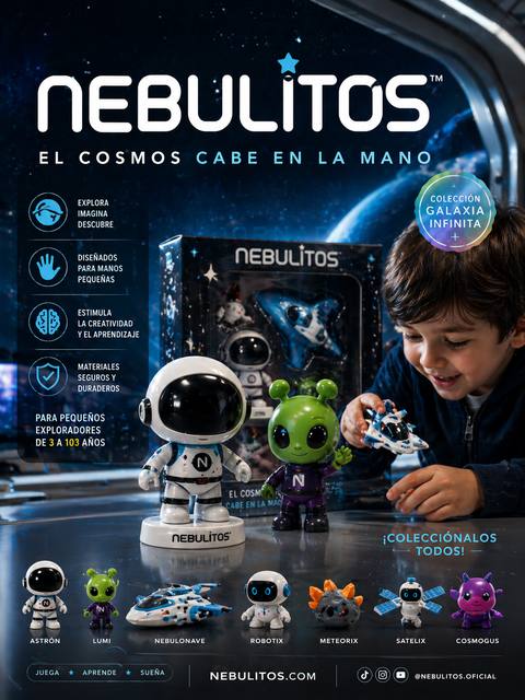 Nebulitos · Infinite Galaxy — Children's collectibles. "The cosmos fits in your hand." Astron, Lumi, Nebulonave, Robotix, Meteorix, Satelix, Cosmogus.
